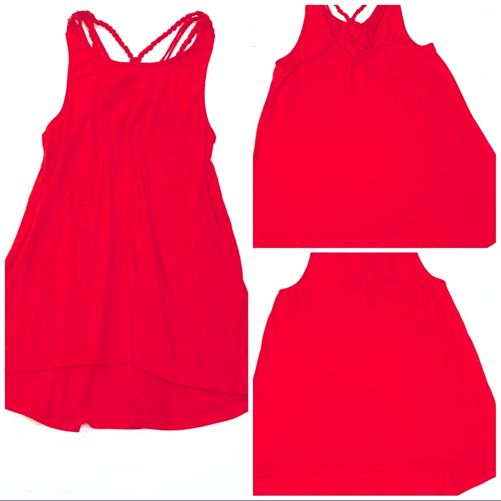 Red Hi Low Tank Top With Knit Design